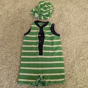 Chaps Nautical Romper and Hat Set 3 Months Green and White Stripe